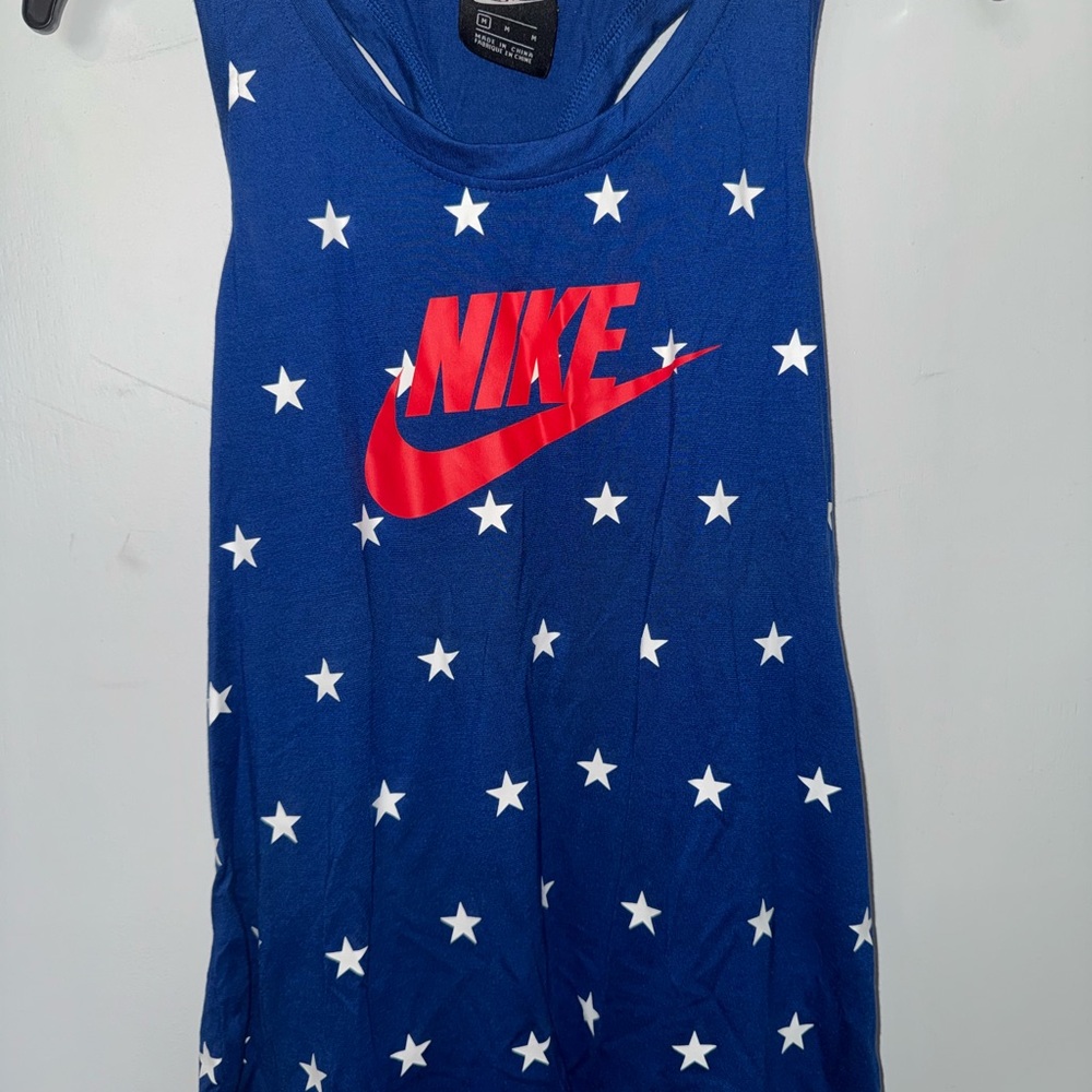 Nike Blue Tank Top with White Stars and Red Logo Medium
